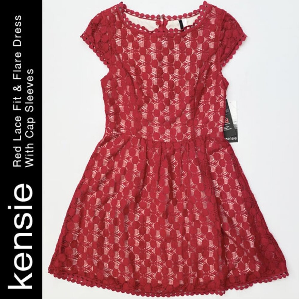 Kensie Red Lace Fit &Flare Dress With Cap Sleeves Size M